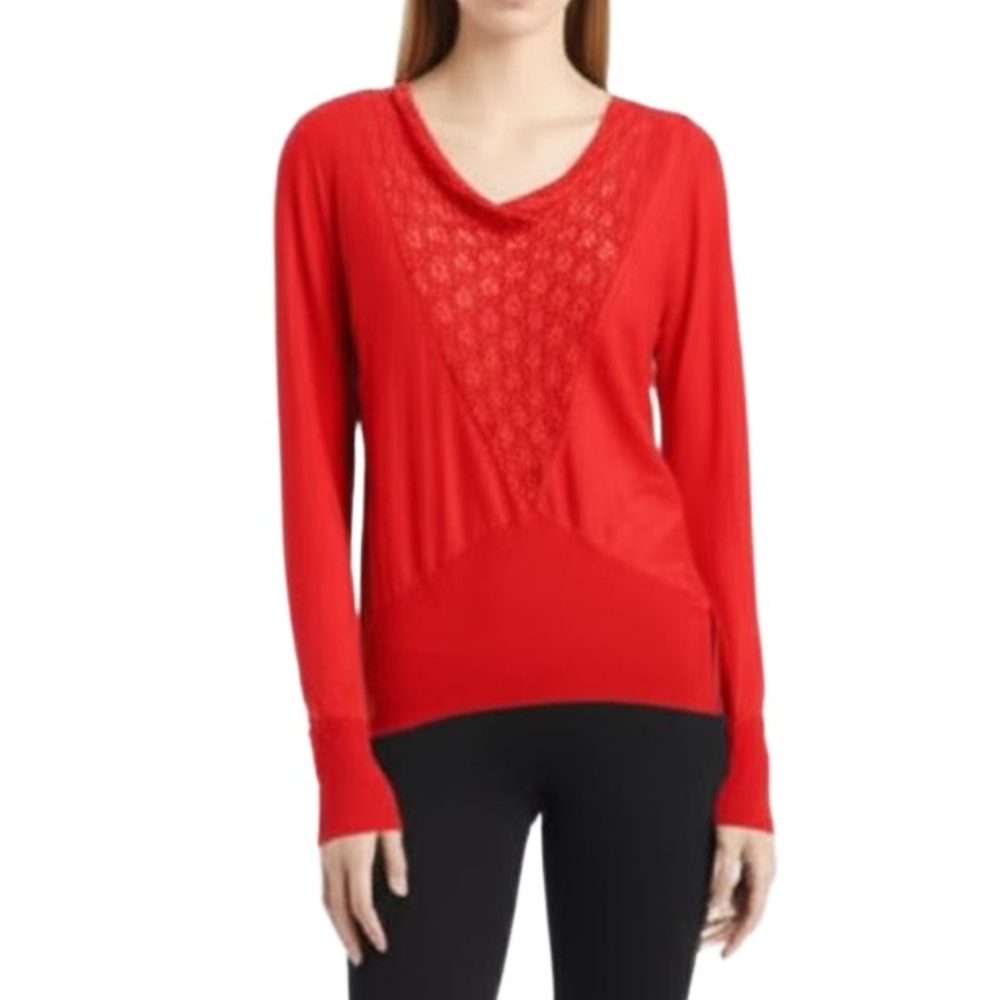 VERVE Pullover Sweater L Red Drape Neck Crochet Panel Textured Boho Cozy